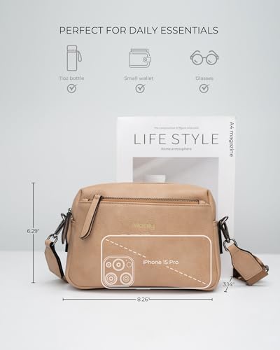 Alldaily Small Triple Zip Crossbody Purse for Women, Vegan Leather Phone Bag with Wide Shoulder Strap - color: Beige