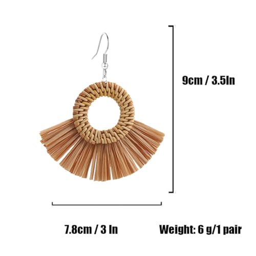 Boho Summer Beach Earrings for Women Lightweight Straw Wicker Earring Statement Raffia Fan Round Tassel Dangle Drop Earrings Hawaii Jewelry - style: Brown Round
