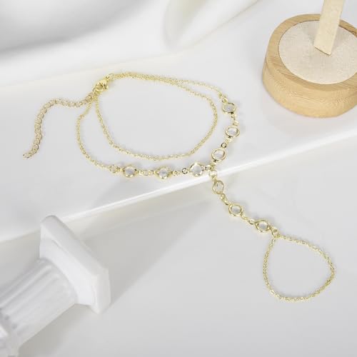 Hand Chain Bracelet Stainless Steel Finger Ring Bracelet Adjustable Gold Plated Hand Chain CZ Stackable Boho Minimalist Jewelry for Women - color: Gold Hand Chain Bracelet AN143G