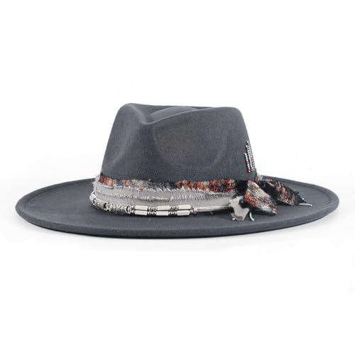 Womens Boho Fedora Hat Wide Brim Fedora Mens Handmade Flat Brim Hats - color: Gray