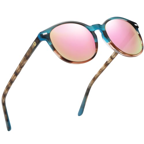 DUCO Women's Trendy Retro Round Acetate Polarized Sunglasses, UV400 99% Glare Block, Lightweight for Daily & Outdoor - color: Blue Tortoise Frame Pink Mirror