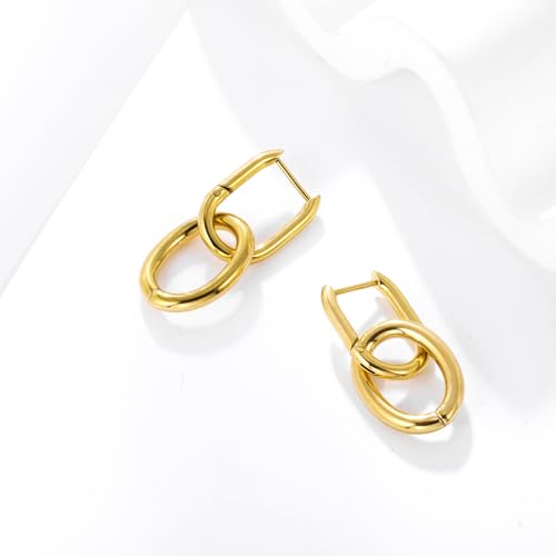 Stainless Steel Hoop Earrings for Women Gold Tone Geometric, Huggie Heart Twisted Minimalist Engraved Designs for Daily Wear - color: Gold_15mm*33mm