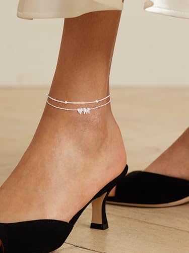 NECOCY Initial Heart Diamond Anklets for Women Waterproof, Non Tarnish 14k Gold Plated Letter Ankle Bracelets Dainty, Summer Beach Bikini Jewelry Gifts for Women - color: Silver
