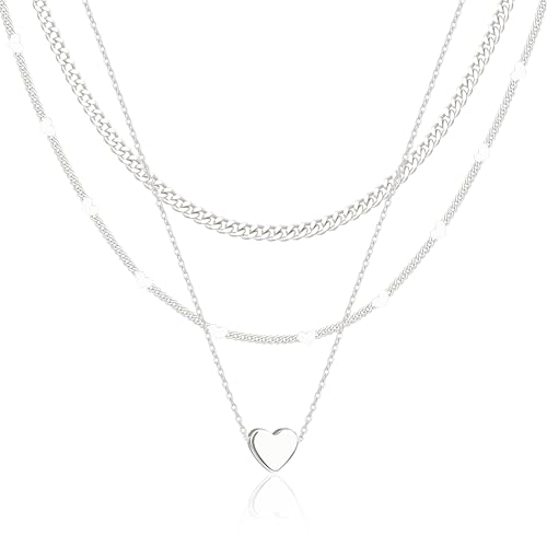 WomenGifts Layered Gold Necklaces for Women, 14K Gold Sterling Silver Plated Dainty Pendant Necklace Set Non Tarnish, Chunky Stackable Cuban Chain Choker, Trendy Birthstone Vacation Jewelry Gift - color: Silver, style: Heart Trio