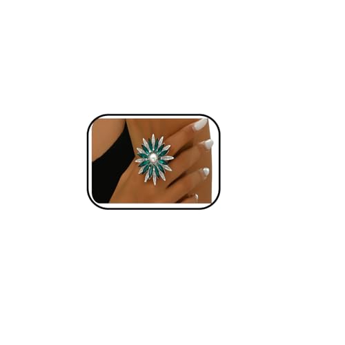 Vintage Rhine Sunflower Ring,Colorful Large Flower Rings Crystal Sunflower Finger Joint Opening Rings Wedding Party Ball Jewelry Accessories for Women - color: Green