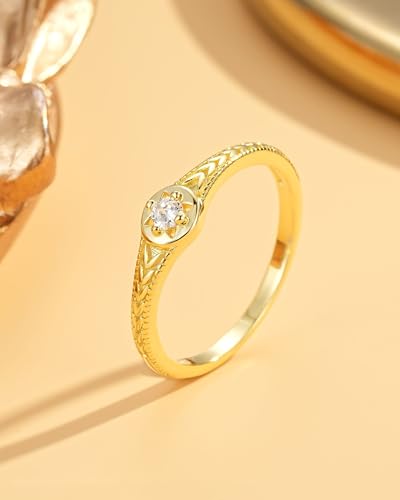YeGieonr 14K Gold Plated Signet Rings for Women Non Tarnish 925 Sterling Silver Dainty Stackable Gold Ring, Waterproof Engraved Flower Thin Band Unique Everyday Jewelry Gift - color: Gold-Star