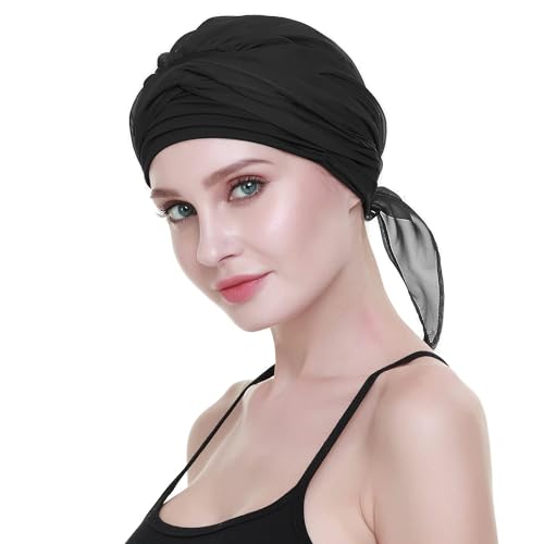 Chemo Headwear Turbans for Women Long Hair Head Scarf Headwraps Cancer Hats - color: Both Black