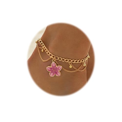 Fashion Layered Flower Charm Anklet for Women Golden Cuban Link Chain Tassel Waterproof Ankle Bracelet Adjustable Beach Vacation Foot Jewelry Summer Accessories - color: Pink floral