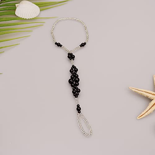 Bohemian Handmade Shell Starfish Barefoot Sandals 2pcs Beach Wedding Foot Chain with Toe Ring for Bride Turquoise Crystal Pearl Beaded Anklet Accessory (Black pearl)