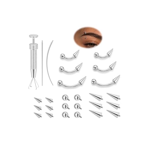 Eyebrow Piercing Jewelry Set with Tool, Surgical Steel Curved Barbell Kit with CZ, Spike & Ball Replacement Ends, Internal Thread 6mm/8mm/10mm Rook Daith Lip Rings for Women Men - color: 16G Silver Long Spike
