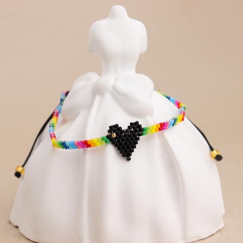 Rainbow Beaded String Braided Bracelets for Women, Summer Boho Handmade Adjustable Beach Waterproof Jewelry Gift - color: Black