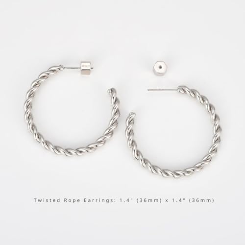 RENAIZ Bold Statement Hoop & Stud Earrings for Women – 14K Gold & Rhodium Plated Maximalist Jewelry, Chunky Geometric Boho Earrings, Hypoallergenic Non-Tarnish Trendy Gift - color: White Gold, style: Twisted Rope