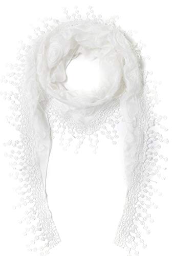 Cindy & Wendy Floral Embroidered Lace Triangle Scarf for Women - color: White