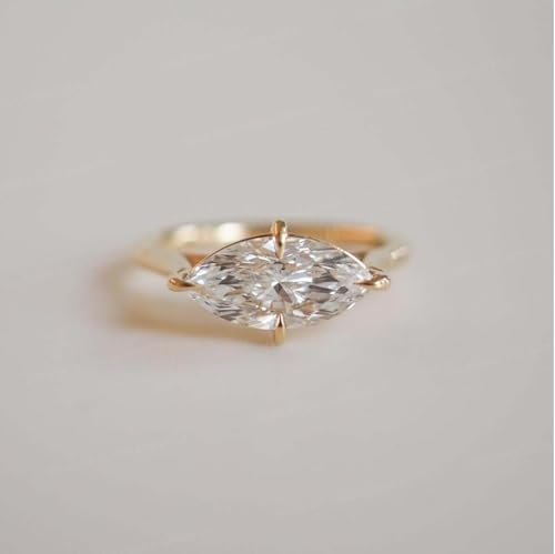 14K Yellow Gold Marquise Cut Moissanite Engagement Ring East West Solitaire Ring 4 Prong Setting, Dainty Promise Jewelry Gift for Women