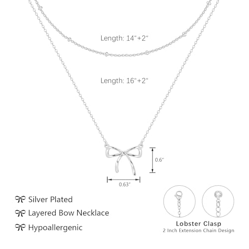 OGD Gold Necklace for Women, Bow Necklace 14K Layered Gold Necklace Dainty Bow Pendant Choker Necklace Trendy Bow Necklace Gold Chain Necklaces for Women Jewelry Gift - color: Silver Bow-2PCS
