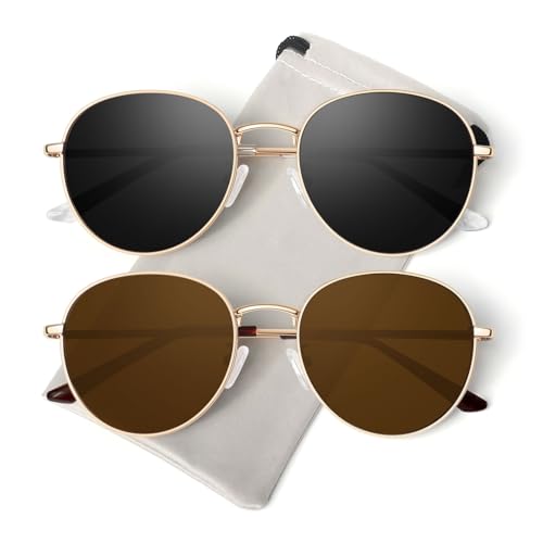 GQUEEN Retro Round Polarized Sunglasses Womens Men Spring Hinge Metal Frame Trendy Hippie Oval Sun Glasses Shades UV400 - color: 2 Gold Black & Gold Brown