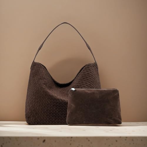 Leather Woven Tote Bag for Women, Vintage Suede Woven Hobo Bag, Large Crossbody Shoulder Slouchy Handbag - color: Coffee