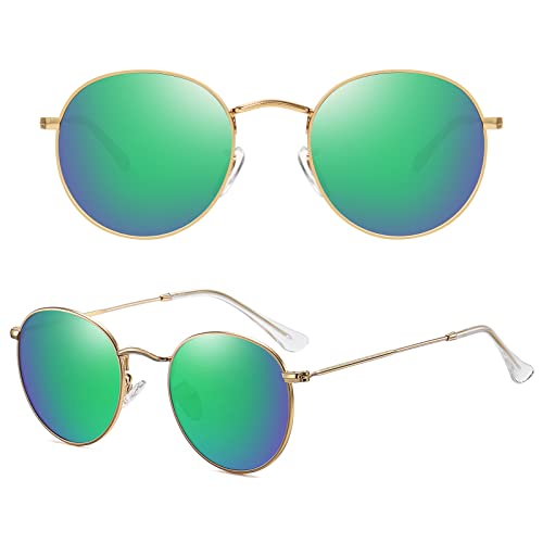 MEETSUN Round Polarized Sunglasses for Women Men Classic Retro Metal Frame Sun Glasses UV Protection - color: Gold/Green