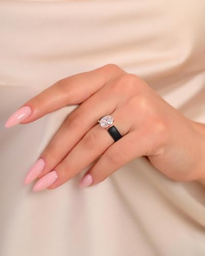 Rinfit Silicone Ring with Stone - Oval Cut Cubic Zirconia Solitaire Engagement Ring for Women - Rubber Wedding Bands - Patented Design - color: Pack I: Black / Rose Gold
