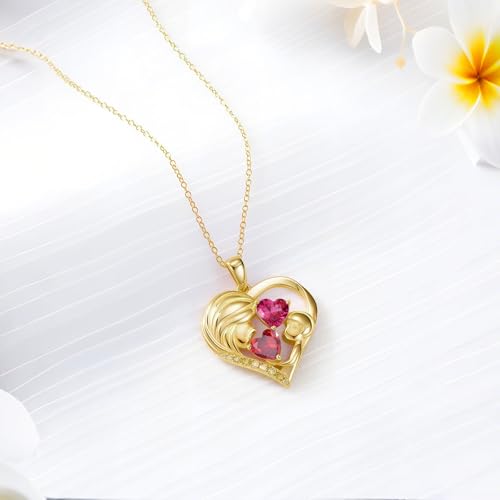 Mothers Day Gifts 14K Yellow Gold Mother Daughter Heart Pendant Necklace with 12 Months Birthstone Birthday Gifts for Mom Anniversarry Jewelry for Mom Wife Girlfriend - color: 01-07-Jan-Jul Birthstone