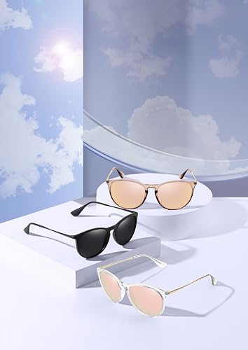 WOWSUN Retro Polarized Sunglasses Womens Trendy Round Classic Glasses - color: 3 Pack: Black+champagne Lens+clear Frame Pink Lens