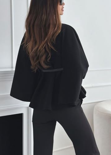 Zaswen Batwing Long Sleeve Cloak Coats for Women Fall Winter Stand Up Collar Oversized Cape Poncho Jackets with Belted - color: Black, size: XX-Large