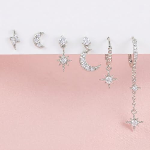 6 Pcs/6 Pairs Hypoallergenic 925 Sterling Silver Stud Post 14K Gold Earrings for Women Moon Star Hoop Stackable Cubic Zirconia Chain Dangle Earring Set Stacks for Multiple Piercings - color: Silver Moon Star