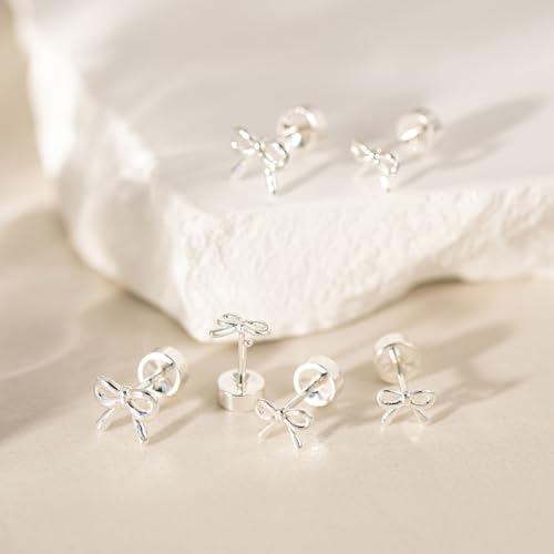 VRIUA 20G Tiny Flat Back Earrings for Women - 14K Gold/Silver Plated Small Flat Back Stud Earrings Hypoallergenic Cartilage Helix Piercing Jewelry - color: 4/5/6mm-Bow Flat Silver