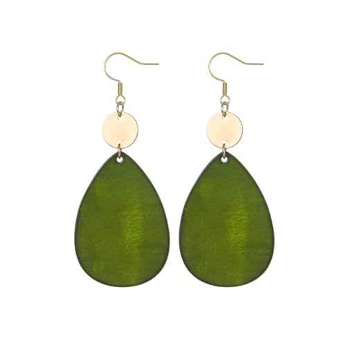 Elisheva Bohemian Lightweight Mother of Pearl Shell Drop Dangle Earrings for Women, Boho Chic Hippie Waterdrop Statement Jewelry Gift - color: olive green