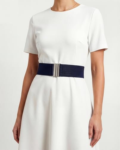 BlackButterfly Wide Elastic Waist Cinch Stretch Waistband Retro Vertical Clasp Buckle Belt - color: Midnight Blue, size: X-Large
