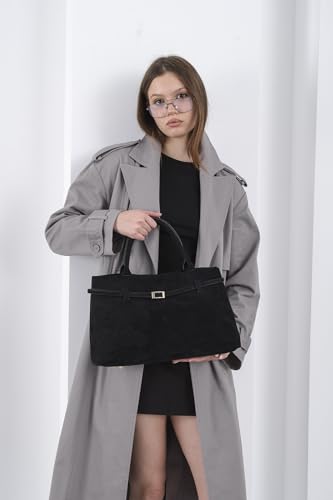 Base’ic Women’s Suede Tote Bag with Gold Hardware – Trendy Slouchy Shoulder Hobo Satchel Handbag Work Purse Travel Gift - color: Black (Gold Hardware)