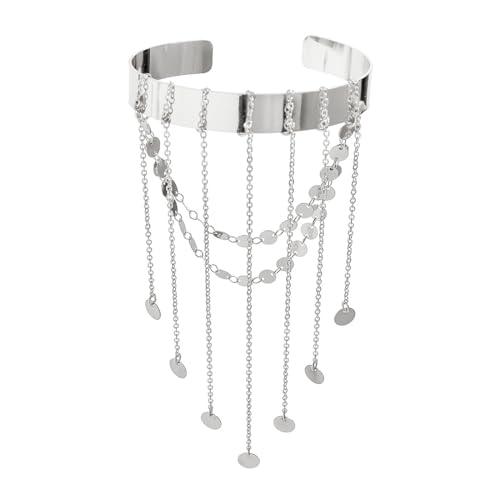 Simple Multi-layered Sequin Tassel Chain Upper Arm Bracelet Summer Beach Adjustable Open Arm Cuff Bangle Bracelets Bikini Armlet Body Jewelry for Women - color: Silver