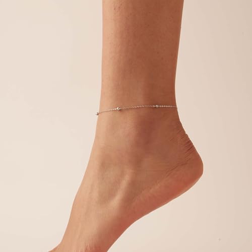Dainty Ankle Bracelets for Women 18K Gold Plated Satellite Beaded Herringbone Lip Chain Anklets Simple Minimalist Summer Beach Foot Jewelry Christmas Gifts - color: Bead Chain -White Gold