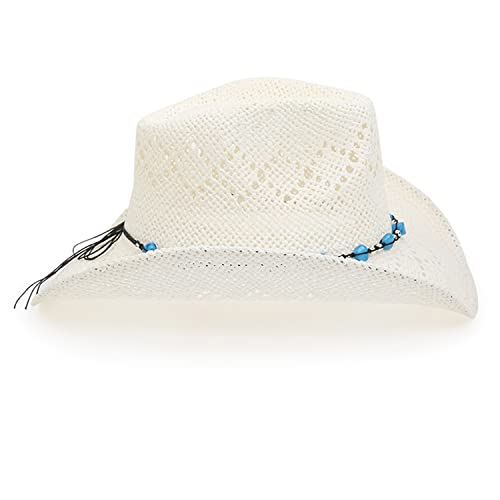 TOVOSO Western Cowgirl Hat, Straw Cowboy Hat for Women with Shapeable Brim, Beaded Hearts Trim, Shapeable Cowboy Hat - color: White Blue