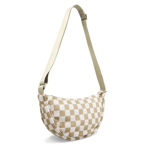 Nylon Crescent Crossbody Bag for Women Purses Trendy Men,Small Travel Sling Bag Hobo - color: Checkered-brown, size: Small