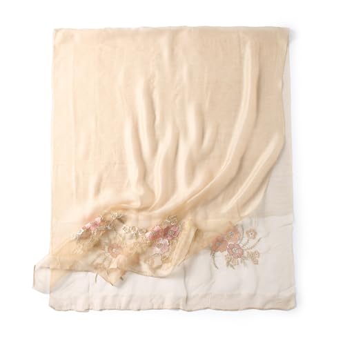 Jeelow Silk Blend Floral Fashion Scarf Shawl Wrap Lightweight Sheer For Women Floral Embroidery Wedding Party Prom - color: Petal Light Khaki