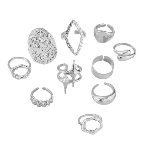 10 Pcs Chunky Gold Rings for Women Open Adjustable Star Geometry Ring Stacking Knuckles Rings Set Boho Prom Costume Fashion Jewelry - color: silver