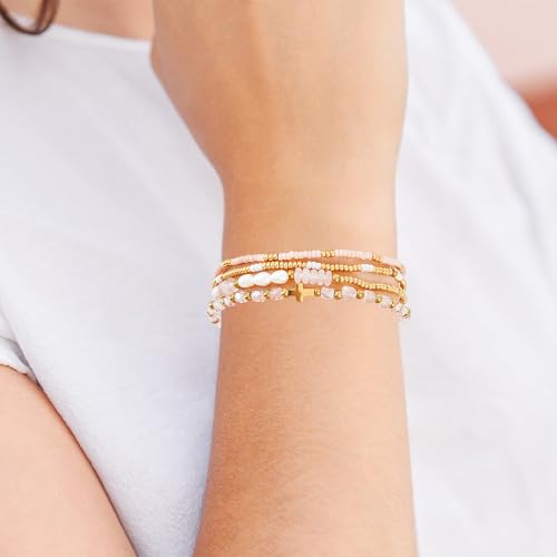 Dainty Gold Plated Pearl Crystal Beaded Bracelets Set for Women 14K Gold Plated Bead Pearl Beads Bracelet Stackable Paperclip Link Chain Bracelets Gold Plated Bracelets for Women Trendy Jewelry - color: Style3-gold cross pcs