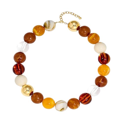 Dopamine Colorful Beaded Chunky Necklace for Women, Gold Large Round Resin Bold Beads Summer Boho Beach Vacation Jewelry - color: Brown