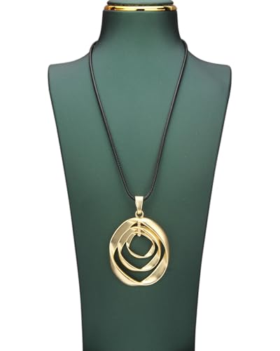 PU Leather Necklace Vintage Boho Style Multilayer Pendant Long Sweater Necklace Jewelry for Women Men with Adjustable Leather Cord - color: Gold Unique 3 Circles Statement Pendant