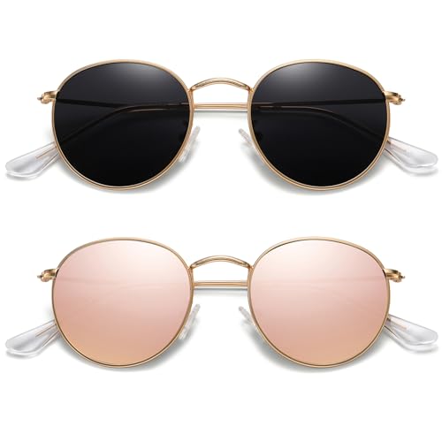MEETSUN Round Polarized Sunglasses for Women Men Classic Retro Metal Frame Sun Glasses UV Protection - color: (2 Pack) Gold/Grey + Gold/Pink