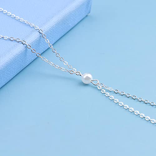 Boho Pearl Back Chain Necklace Silver Layered Backdrop Necklace Body Chain Pearl Bridal Back Drop Chain Summer Beach Body Jewelry for Women (Silver) - color: Silver