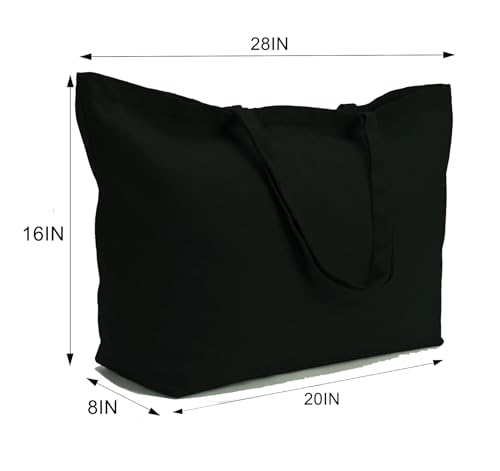 Large Canvas Tote Bag-Extra Big Shopping Beach Totes Bags Reusable Largest Grocery Plain Solid Bag 28"x8"x16" - color: Black With Zipper