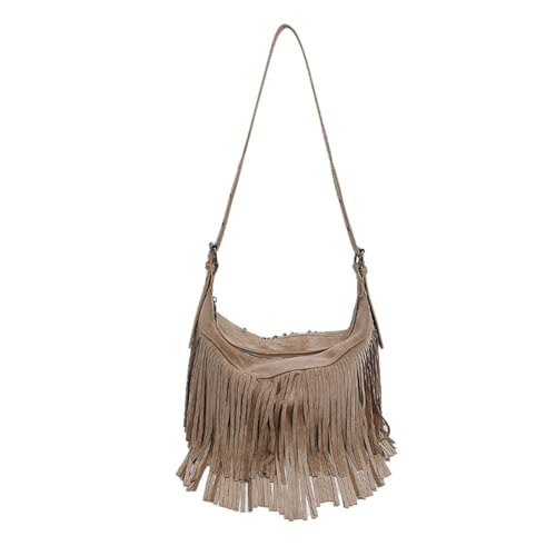 Fringe Genuine Suede Leather Hobo Bag Adjustable Crossbody Shoulder Bag Boho Retro Tassel Handbag Gift Box - color: Khaki