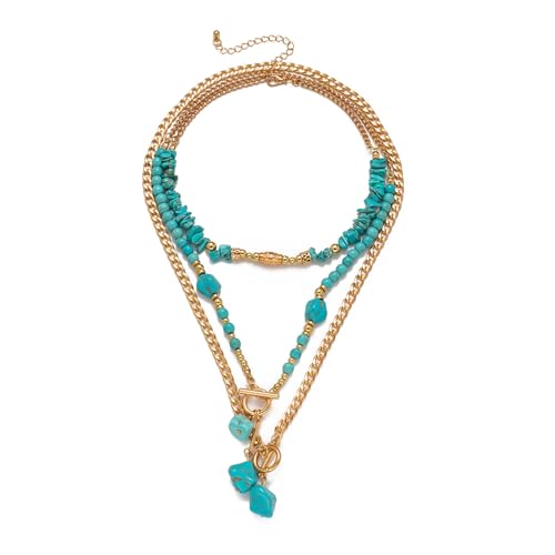 Gold Turquoise Beaded Necklace for Women Layered Bead Necklaces Vintage Turquoises Choker Necklace Boho Turquoises Jewelry Western Handmade Toggle Jewelry - color: 3PCS Turquoise Necklace