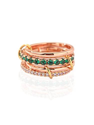 HERSIN Stackable Interlocked Rings for Women Non Tarnish, 18K Rose Gold Plated Green Cubiz Zirconia Ring Chunky Rings Mixed Metal Multi Ring Dainty Stacking Rings Set Gold Jewelry for Women Gifts - color: RoseGold