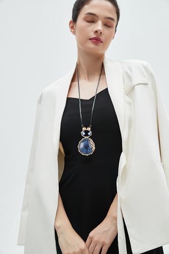 GelConnie Leather Necklace for Women Large Pendant Long Brown Necklace Circle Leather Choker Vintage Sweater Necklace Gold Chunky Boho Necklaces for Women - style: Large Stone Sweater Necklace