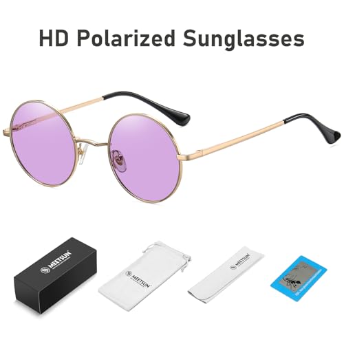 MEETSUN Small Round Polarized Sunglasses for Men Women Metal Retro Hippie Circle Sun Glasses Driving Festival Cosplay UV400 - color: Gold / Purple