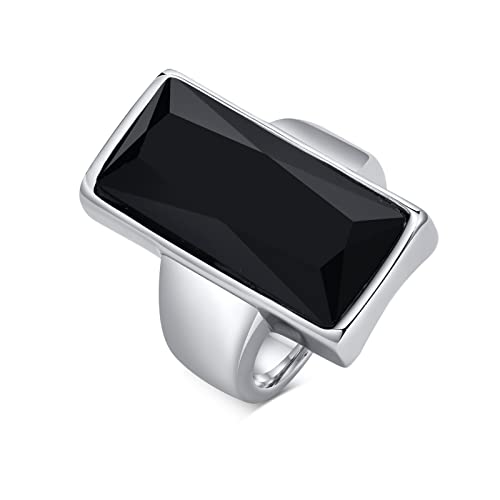 VNOX Vintage Fashion Stainless Steel Gold Plated Rectangular Black Glass Crystal Cocktail Statement Onyx Ring for Women - color: Black+Silver