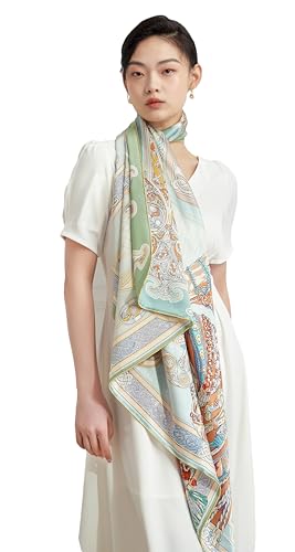 100% Silk Scarves, Extra-Large and XX-Large - color: Dream Reminiscing, Green & Blue, Double-sided, Hand Rolled Edges